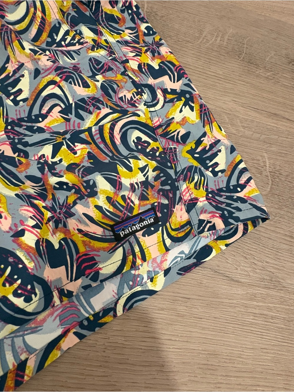 Patagonia Men’s Swim Trunks - Navy, Yellow & Pink Abstract Print - Picture 2 of 6